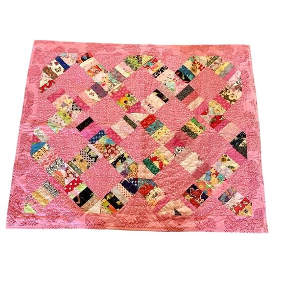 Handmade Patchwork Quilt Pink Polka Dot Design Multicolor Patterns 41.5"X 35.25" - Picture 1 of 9
